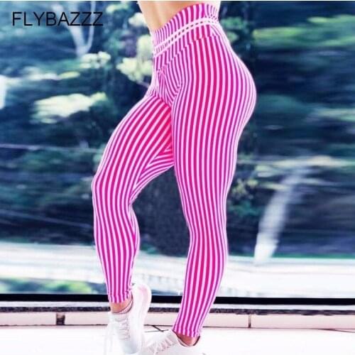 2019 Stretchy Gym Tights Tummy Control Yoga Pants Ladies High Waist Pink White Striped Seamless Leggings Sport Tights Gym Women