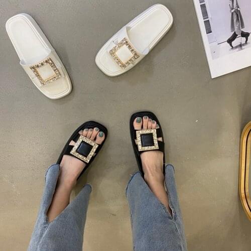 Womens shoes with rhinestone square buckle slippers, womens outer wear thick-soled increased sandals