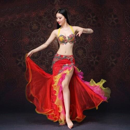 Women Embroidery Beading Professional Belly Dancing Costumes Luxury Stage & Dance Wear 2PCS Bra Skirt Belt S M L