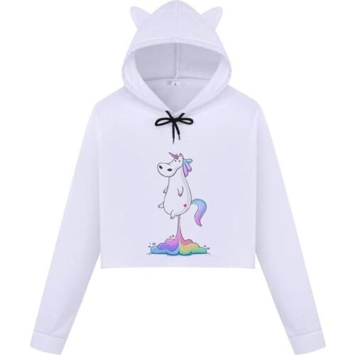 Autumn New 2019 Womens Crop Top Hoodie Cute Unicorn Print Kpop Harajuku Casual Kawaii Long Sleeve O Neck Sexy Navel Sweatshirts