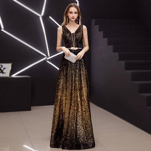 A-Line Halter Heavy Sequined Evening Dress With Sash Golden Black Long Gown For Women Party Elegant Floor Length Robe De Soiree
