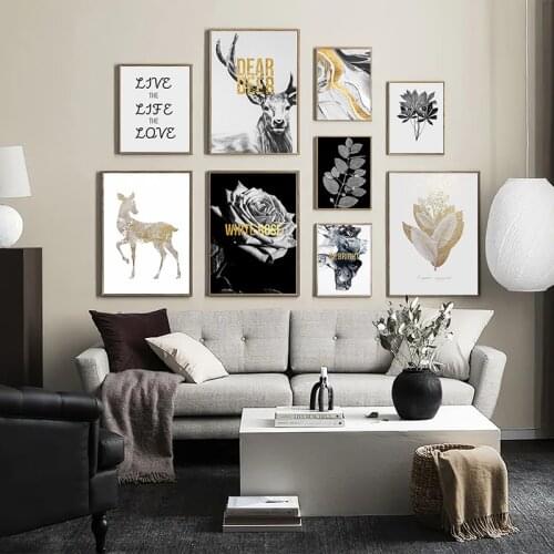 Black White Flower Leaf Plant Deer Canvas Painting Abstract Poster Nordic Wall Art Decoration Picture Living Room Decor