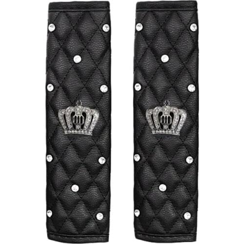 PU Leather Car Seat Belt Cover Shoulder Seat Belt Pad Rhinestones Crown 2 PCS Adults Youth