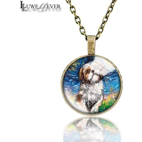 Painting Dog Necklace 708 25mm Bronze 30mm Wood Rhinestone Double-sided Moon Round Glass Pendant For Women Gift