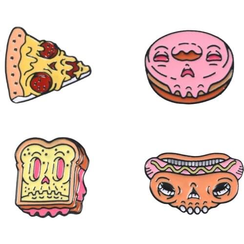Cartoon Skeleton Metal Enamel Brooch Creative Pizza Donut Hot Dog Sandwich Badge Pin Unique Trendy Costume Backpack Jewelry Gift