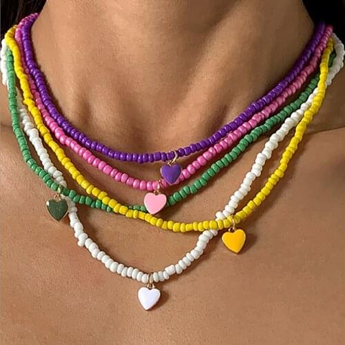 New Popular Country Style Women Jewelry Accessories 5 Colors Resin Beads Heart-Shaped Pendant Stackable Handmade Beaded Necklace