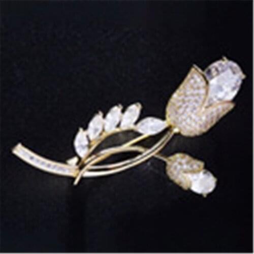 OKILY 2021 Luxurious Cubic Zircon Petals Pin and Brooches Unique Tulip Flower Summer Jewelry Accessories for Women Gift