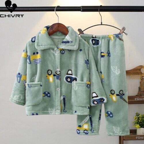 New 2021 Kids Boys Girls Autumn Winter Soft Flannel Pajama Sets Cartoon Long Sleeve Lapel Tops with Pants Sleeping Clothing Sets