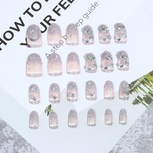 24Pcs Luxe Shining Rhinestone Wedding False Nails Transparent Glitter Gems Crown Designed Square Full Short Fake Art Bride