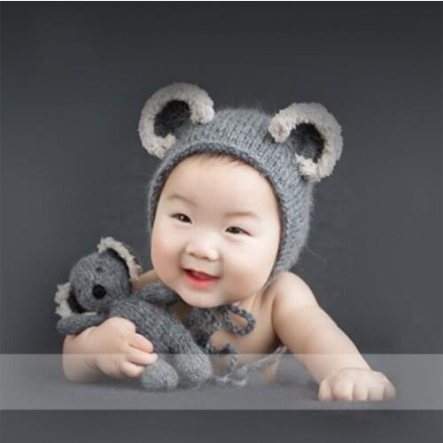 3Pcs/Set Newborn Photography Props Suit Knitted Jumpsuit Rompers with Beanie Hat Koala Doll Toy Infant Baby Outfits