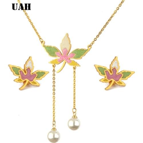 UAH Fashion Maple leaf Enamel Jewelry Set Gold Color Pearl Painting Bridal StainlessSteelJewelry Sets for Women Wedding