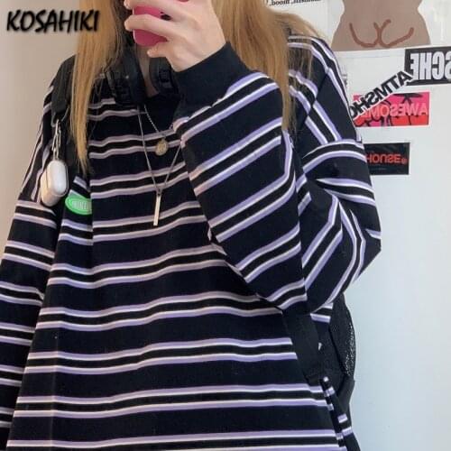 KOSAHIKI 2021 Spring Harajuku Sweatshirt Loose Hoodies Japanese Casual Striped Pullovers Women Fashion O Neck Clothes 11a074