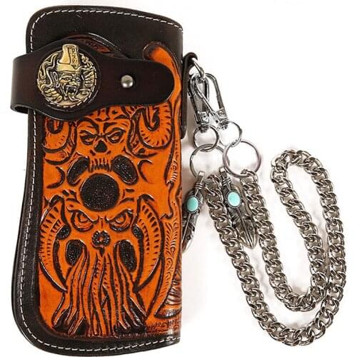 Vintage Men Wallet Cow Leather Carving Personality Handmade Chain Zipper Handbag Coin Dollar Card Holder Purse