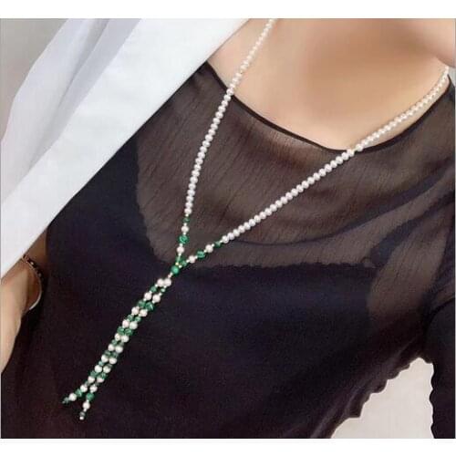 Jewelry 925 silver ball 5-6mm freshwater pearl Malachite Necklace, nearly round