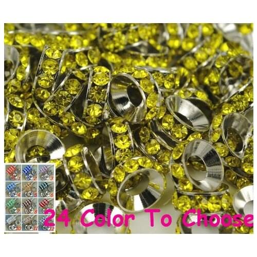 Yh35 10mm Yellow 100pcs/Lot Rhinestone Crystal Rondelle Spacer Beads, Rhodium Plated Big Hole European Beads