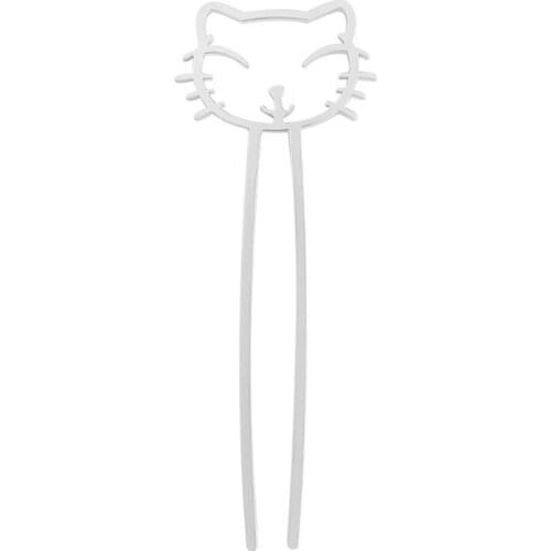 Women Frosted Metal Hair Stick Fork Clip Cute Hollow Cat Shaped 2 Prongs Hairpin Minimalist Updo Chignon Pin Bun Holder