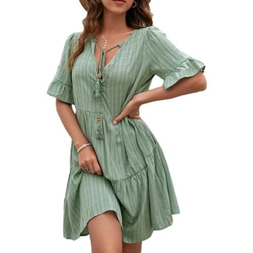 Ladies Girls Casual A-line Mini Dress Solid Color Simple Style V-neck Tie Up Short Sleeve Ruffle Vestidos Women Summer Clothing