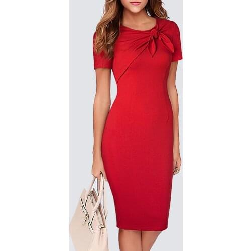 Women Business Elegant Pure Color Round Neck Short Sleeve Knotted Slim Office Pencil Knee Length Dress HB658