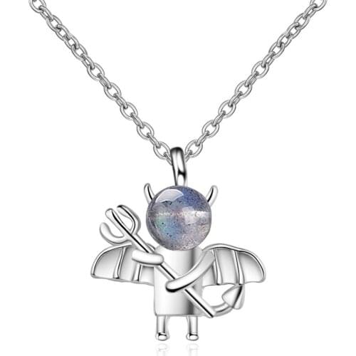 Cute Devil Pendant Necklace For Women 925 Sterling Silver Natural Blue Light Moonstone Short Clavicle Chain Designer Jewelry