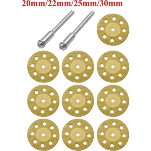 10pcs 20/22/25/30mm Mini Diamond Saw Blade Gold Cutting Disc with 2pcs Connecting Rod for Dremel Drill Fit Rotary Tool