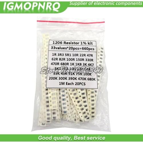 1206 SMD Resistor Kit Assorted Kit hjxrhgal 1ohm-1M ohm 1% 33valuesX 20PCS=660PCS Sample Kit