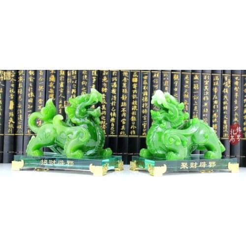 17CM - A pair # 2020 office home efficacious FENG SHUI Talisman Protection Money Drawing PI XIU green jade Sculpture ART statue