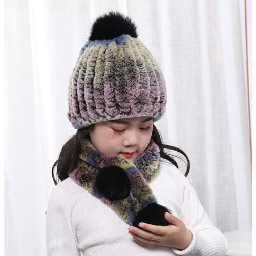 2 Pieces Set Girls Boys Cute Winter Kids Baby Hats Keep Warm Set Children Knit Rex Rabbit Fur Double Ball Hat Cap Scarf Set