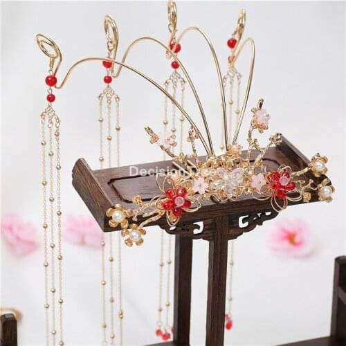 2021 high-end traditional chinese style bridal golden headdress floral ancient hairpins beaded wedding jewelry hair accessories