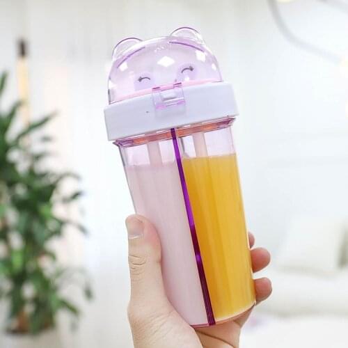 420ml Creative Cute Double Drink Plastic Cup Portable Separate Children Reusable Smoothie Boba Milk Tea Cup Straw Cups