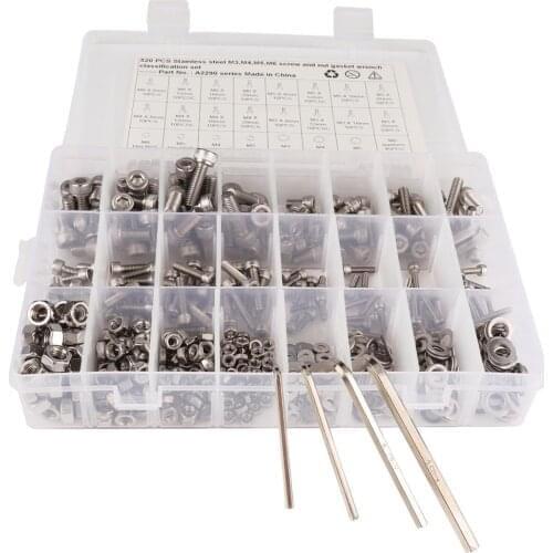 520pcs/Lot M3/M4/M5/M6 304 Stainless Steel Hexagon Socket Head Cap Socket Screws Hex Bolt Nuts and Washers Set with Allen Key