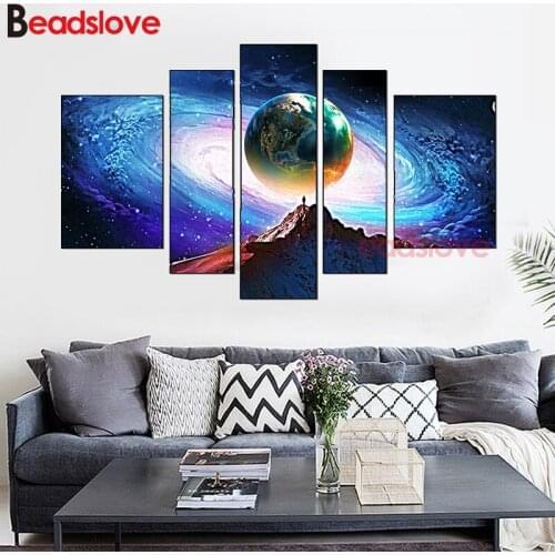 Diamond Embroidery universe earth planet 5 Pcs Needlework 5D DIY Diamond Painting Multi Panel Full round Rhinestones Mosaic