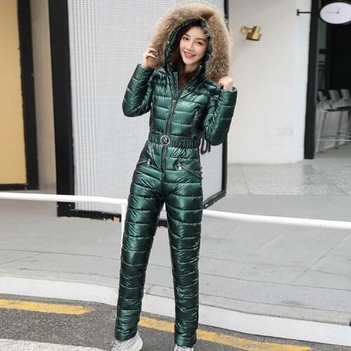 One Piece Ski Suit Women Jackets Winter Hooded Parka Jumpsuit Women Cotton bodysuit Sashes Jumpsuits Zipper Overalls Tracksuits