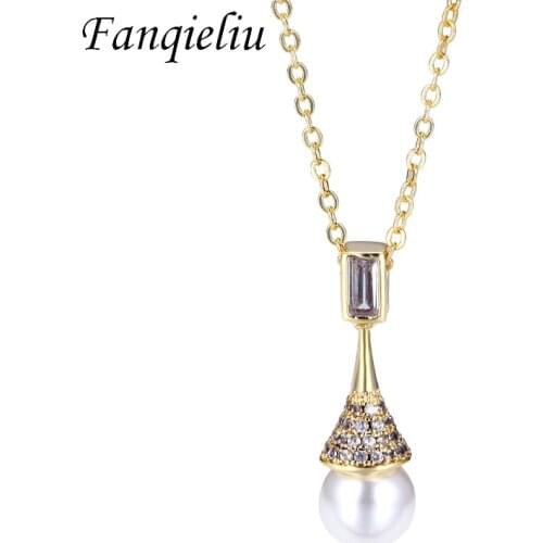 Fanqieliu Real 925 Sterling Silver Chokers Natural Pearl 18K Gold Plated Crystals Jewelry Pendant Necklace For Women FQL21156