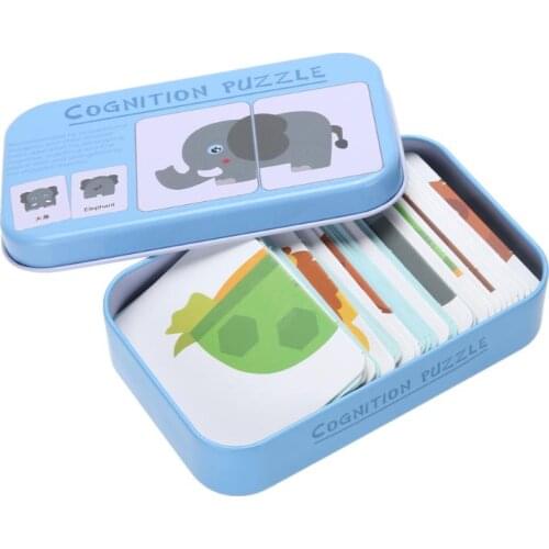 Baby Kids Cognition Puzzles Toys Toddler Iron Box Cards Matching Game Cognitive Cards Vehicl Fruit Animal Life Sets Pair Puzzles