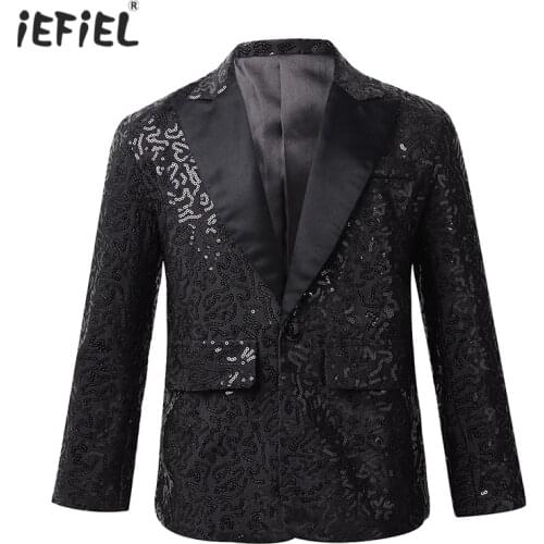 2020 Kids Boys Stylish Shiny Sequins Lapel Single Button Suit Jacket Coat Blazer Tuxedo Wedding Banquet Party Stage Performance