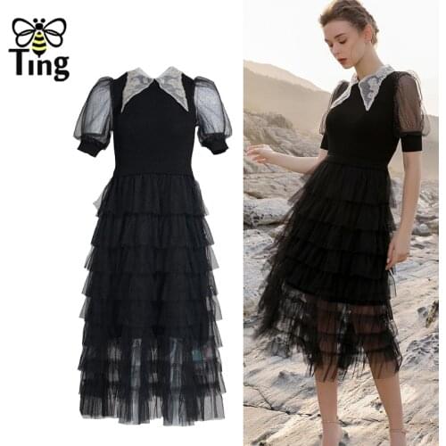 Tingfly Vintage Elegant Black Embroidery Peter Pan Collar Ruffles Midi Long Dresses Ruched Layered Summer Vestidos Elbise Robes