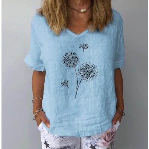 Linen Cotton Floral Print Elegant Women Shirt Summer V Neck Short Sleeve Blouse Female Casual Plus Size Ladies Tops and Blouses
