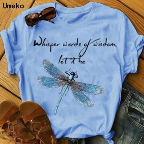 Umeko 2020 Summer Dragonfly Printing O-Neck T-Shirts for Women Tees Tops Female Fashion Loose Tshirt Casual Clothing Plus Size