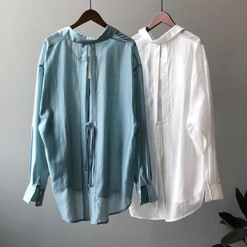 Cotton 100% Solid Women Shirts Summer New 2021 Turn-Down Collar Long-Sleeved Back Bandage Loose Lightweight Office Lady Tops