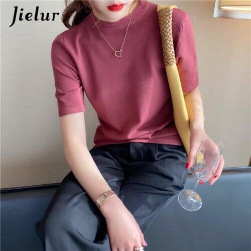 Jielur Knitted Short-Sleeved Women Pullover Loose Casual Sweater Summer New O-Neck Sweater White Black Purple Clothing Woman