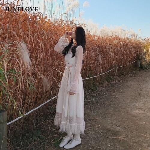JuneLove Spring solid Women Elegant Long Sleeve Casual Dress Female Lace Party Dress Lady High Waist Ruffled Long Maxi Vestidos