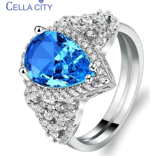 Cellacity Geometry Luxury Silver 925 Jewelry Aquamarine Ring for Women Water Drop Shaped Gemstones Size6,7,8,9,10 Engagement