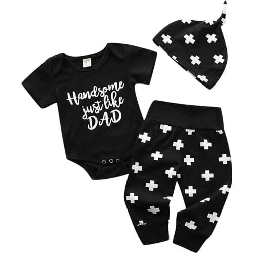 Summer Newborn Baby Kids Boy Clothes Cotton Letter Tops Romper+Long Pants Leggings+Hat Outfit 3Pcs Set Clothes 0-18M