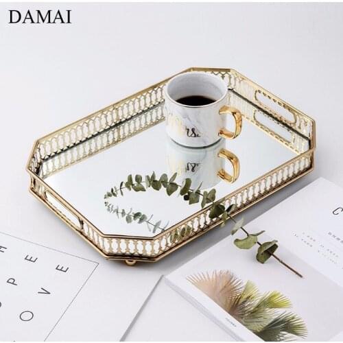 Gold Plating Glass Mirror Trays Jewelry Storage Tray Cosmetics Container Skin Care Products Organizer Living Room Decoration