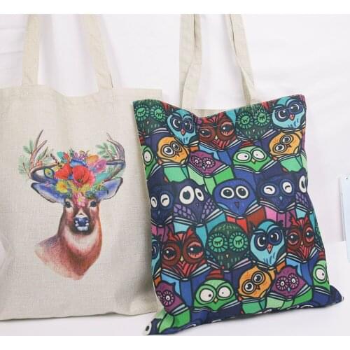 Soft Linen Cotton Beach Bags Vegan Fabric Shopping Bags with Cute Owls Deer Printing