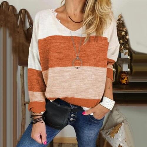 New Arrival Casual Women V Neck Long Sleeve Color Block Patchwork Plus Size Loose T-shirt loose fit plus size for women