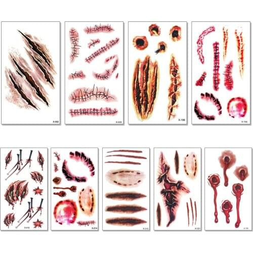 9pcs Halloween Tattoo Stickers Fake Scar Wounds Horror Temporary Tattoo Waterproof Water Transfer Sticker Face Arm Leg Body Art