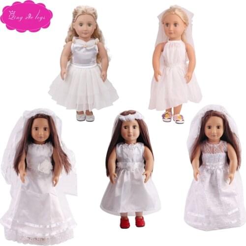 18 inch Girls doll dress Delicate white lace wedding dress + scarf American newborn clothes Baby toys fit 43 cm baby dolls c86
