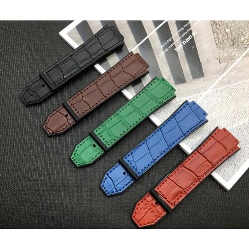 Black Red Green Brown Blue Cow Leather Rubber watch band 25*17mm For Hublot strap for Big Bang Watchband logo stainless buckle