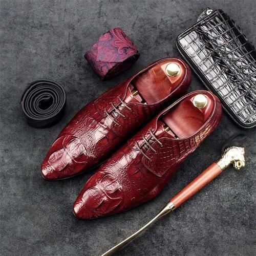 Sipriks Autumn Mens Formal Leather Shoes Printed Black Crocodile Skin Dress Shoes Groom Wedding Shoes Derby Burgundy Gents Suits